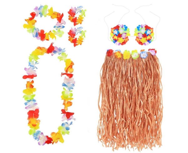 Zestaw hawajski - spódnica, biustonosz, naszyjnik, wianek, bransoletki