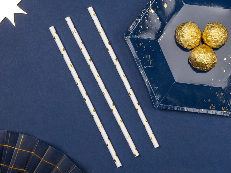 Słomki białe w złote gwiazdki