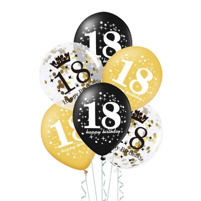 Balony 18 urodziny złote czarne konfetti, 30 cm 6 szt.
